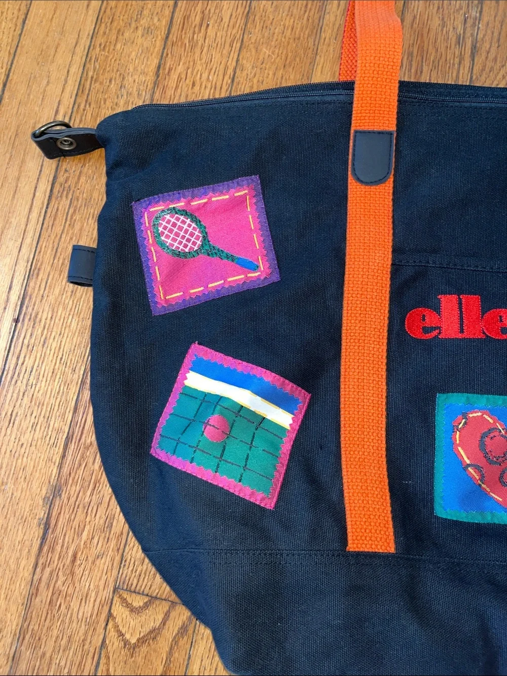 Large Vintage Ellesse 100% cotton zipper tote with tennis themed patches